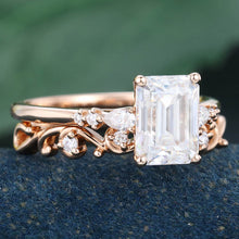 Rose Gold Emerald Cut Moissanite Delicate Bridal Ring Set