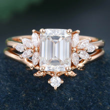 Rose Gold Emerald Cut Moissanite Delicate Bridal Ring Set