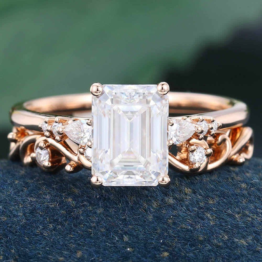 Rose Gold Emerald Cut Moissanite Delicate Bridal Ring Set