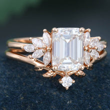 Rose Gold Emerald Cut Moissanite Delicate Bridal Ring Set