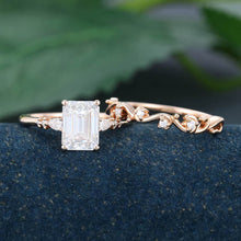 Rose Gold Emerald Cut Moissanite Delicate Bridal Ring Set