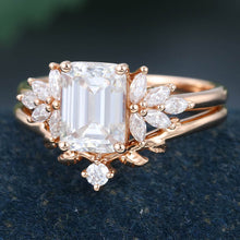 Rose Gold Emerald Cut Moissanite Delicate Bridal Ring Set