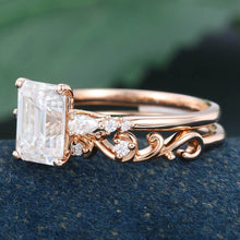 Rose Gold Emerald Cut Moissanite Delicate Bridal Ring Set