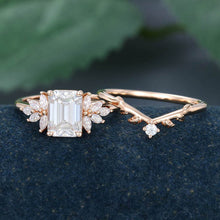 Rose Gold Emerald Cut Moissanite Delicate Bridal Ring Set