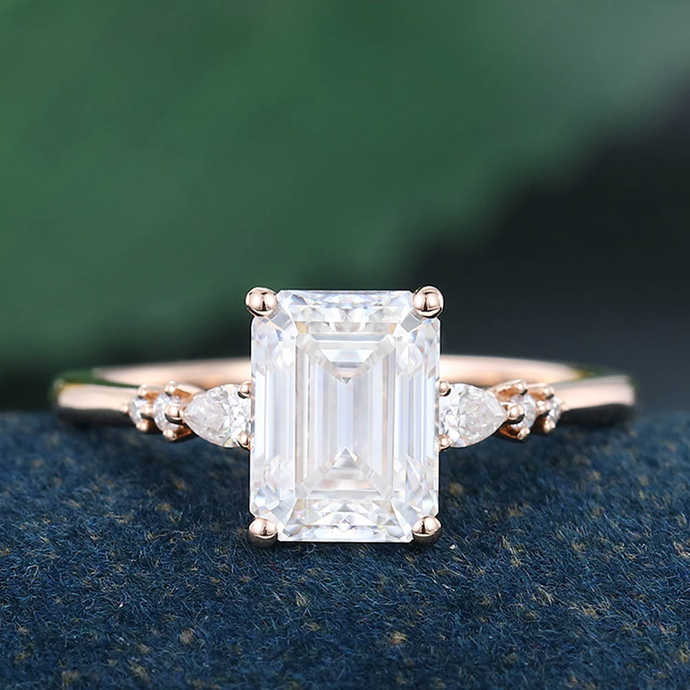 Rose Gold Emerald Cut Moissanite Cluster Engagement Ring