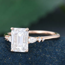 Rose Gold Emerald Cut Moissanite Cluster Engagement Ring