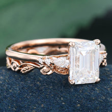 Rose Gold Emerald Cut Moissanite Inspired Bridal Ring Set
