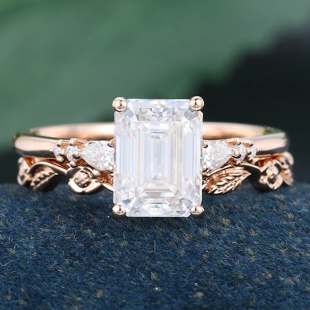 Rose Gold Emerald Cut Moissanite Inspired Bridal Ring Set