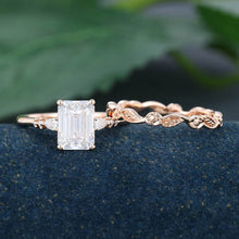 Rose Gold Emerald Cut Moissanite Inspired Bridal Ring Set