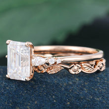 Rose Gold Emerald Cut Moissanite Inspired Bridal Ring Set