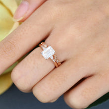 Rose Gold Emerald Cut Moissanite Inspired Bridal Ring Set