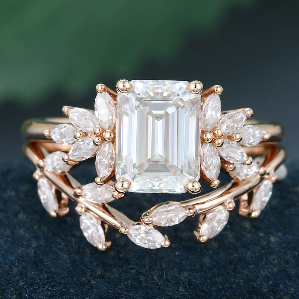 Rose Gold Emerald Cut Moissanite Leaf Shape Bridal Ring Set