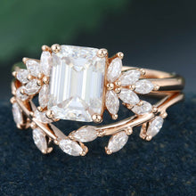 Rose Gold Emerald Cut Moissanite Leaf Shape Bridal Ring Set