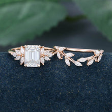 Rose Gold Emerald Cut Moissanite Leaf Shape Bridal Ring Set