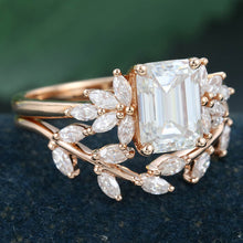 Rose Gold Emerald Cut Moissanite Leaf Shape Bridal Ring Set