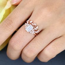 Rose Gold Emerald Cut Moissanite Leaf Shape Bridal Ring Set