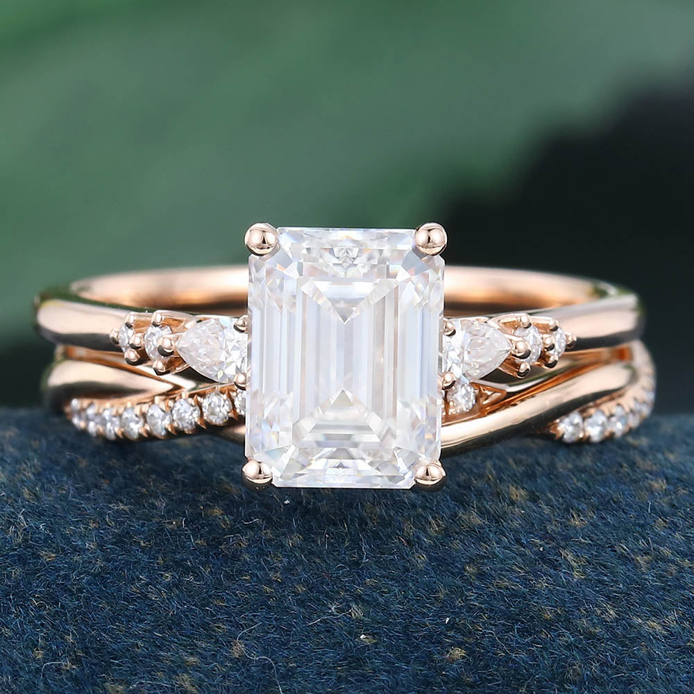 Rose Gold Emerald Cut Moissanite Promise Bridal Ring Set