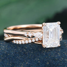Rose Gold Emerald Cut Moissanite Promise Bridal Ring Set
