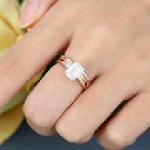 Rose Gold Emerald Cut Moissanite Promise Bridal Ring Set