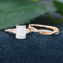 Rose Gold Emerald Cut Moissanite Promise Bridal Ring Set