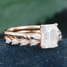 Rose Gold Emerald Cut Moissanite Stackable Engagement Ring Set