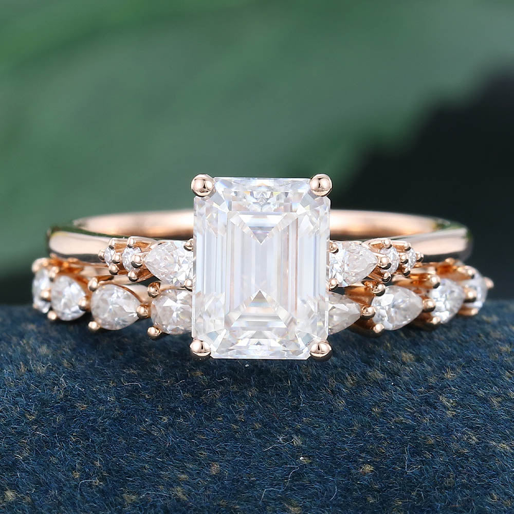 Rose Gold Emerald Cut Moissanite Stackable Engagement Ring Set