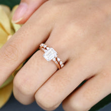 Rose Gold Emerald Cut Moissanite Stackable Engagement Ring Set