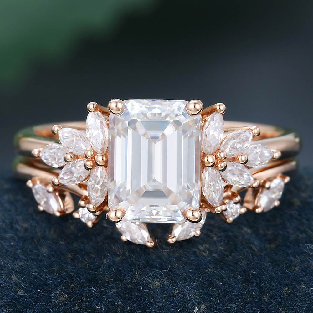 Rose Gold Emerald Cut Moissanite Unique Bridal Engagement Ring Set