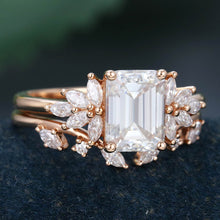 Rose Gold Emerald Cut Moissanite Unique Bridal Engagement Ring Set