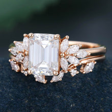 Rose Gold Emerald Cut Moissanite Unique Bridal Engagement Ring Set