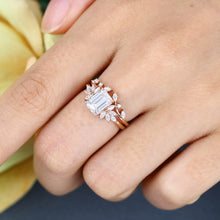 Rose Gold Emerald Cut Moissanite Unique Bridal Engagement Ring Set