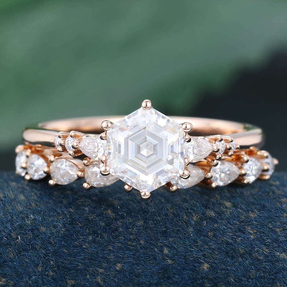 Rose Gold Hexagon Cut Moissanite Stackable Bridal Ring Set