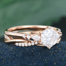 Rose Gold Hexagon Cut Moissanite Unique Bridal Ring Set