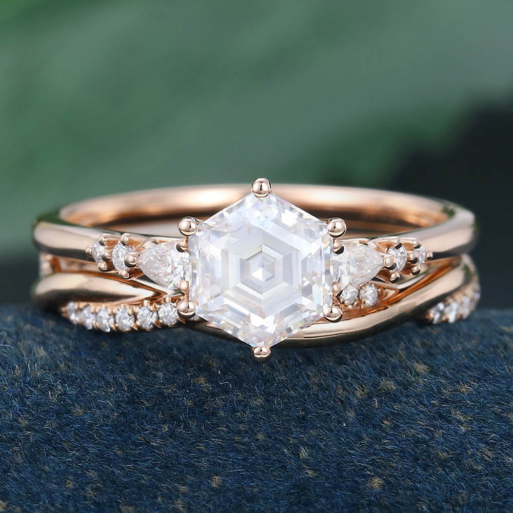 Rose Gold Hexagon Cut Moissanite Unique Bridal Ring Set