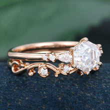 Rose Gold Hexagon Cut Moissanite Unique Engagement Ring Set