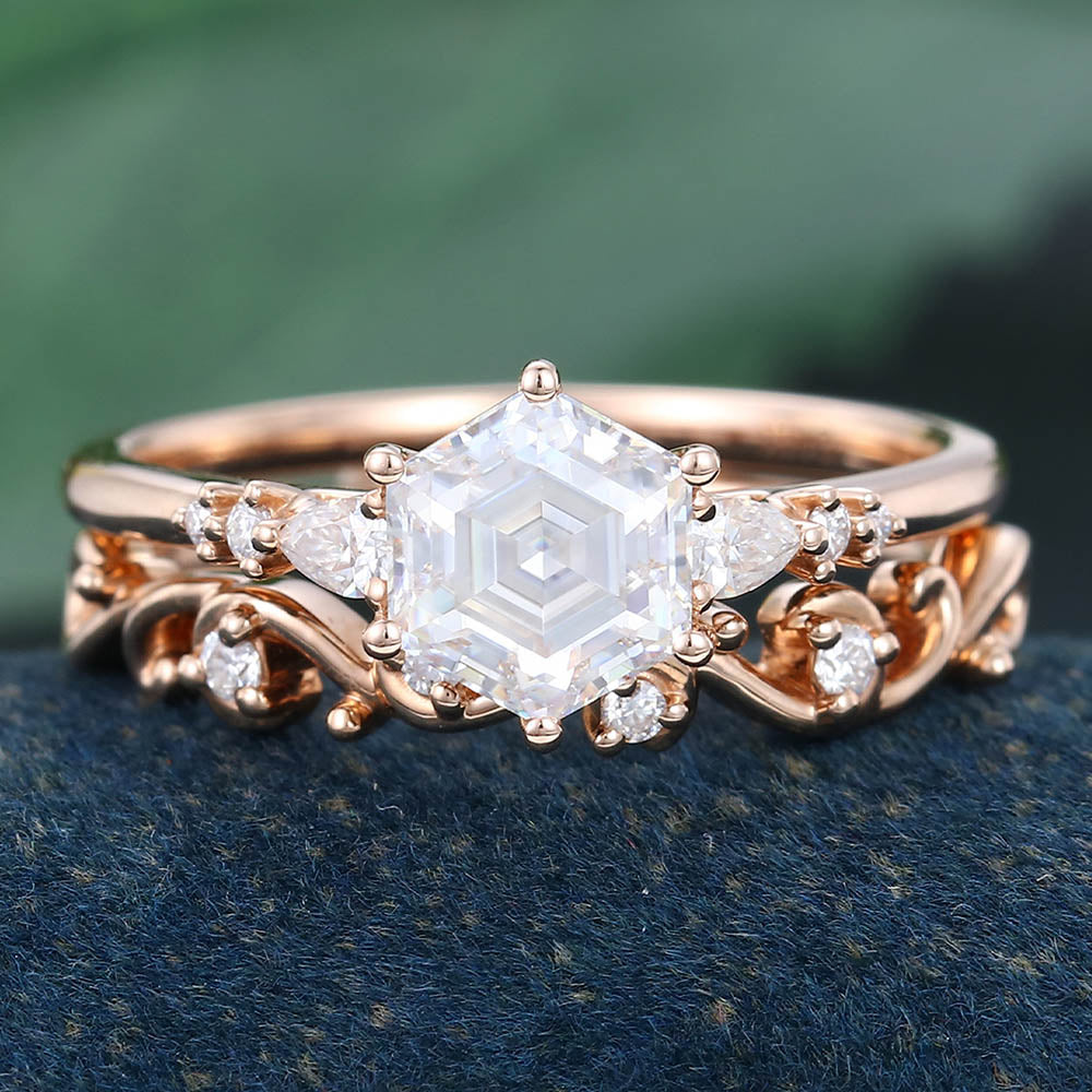 Rose Gold Hexagon Cut Moissanite Unique Engagement Ring Set