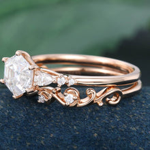 Rose Gold Hexagon Cut Moissanite Unique Engagement Ring Set