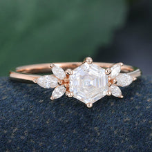 Rose Gold Hexagon Cut Moissanite Cluster Promise Engagement Ring