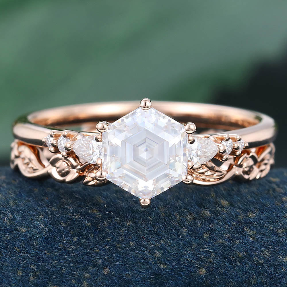 Rose Gold Hexagon Cut Moissanite Stackable Engagement Ring Set