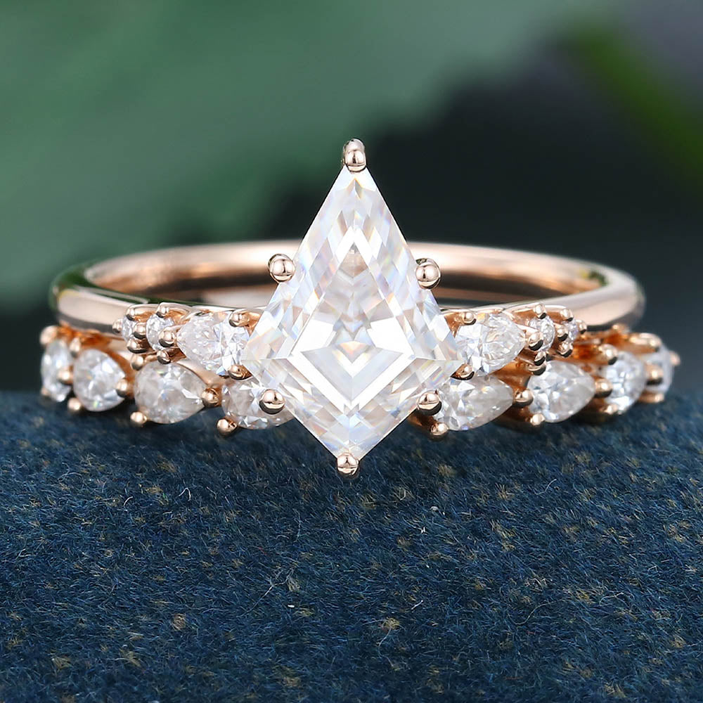 Rose Gold Kite Cut Moissanite Promise Bridal Ring Set