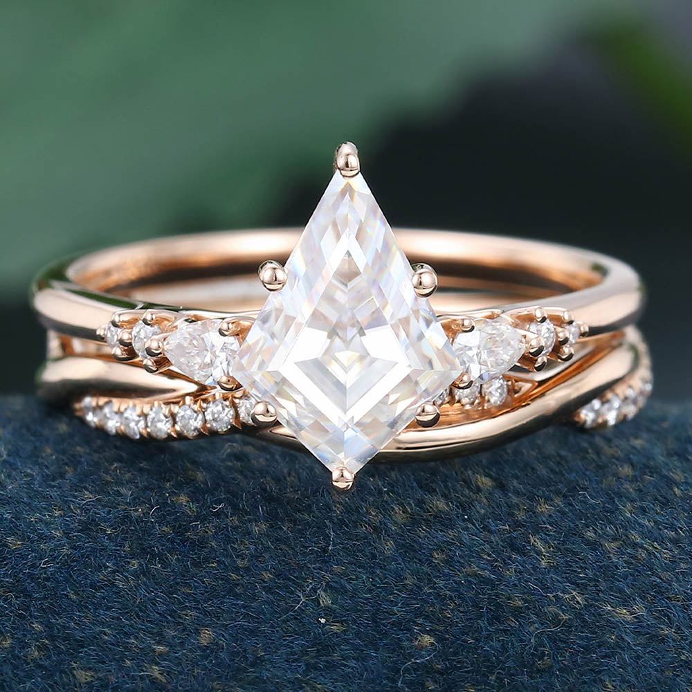 Rose Gold Kite Cut Moissanite Stackable Engagement Ring Set