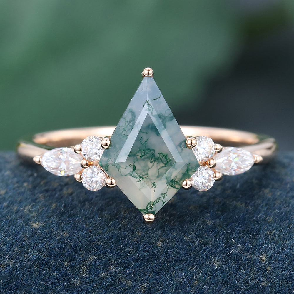 Rose Gold Kite Cut Moss Agate Cluster Engagement Ring