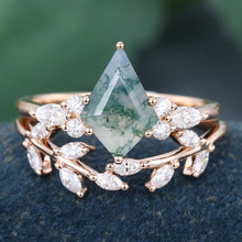 Rose Gold Kite Cut Moss Agate Leaf Shape Bridal Ring Set