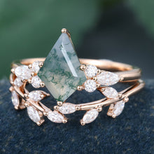 Rose Gold Kite Cut Moss Agate Leaf Shape Bridal Ring Set