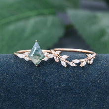 Rose Gold Kite Cut Moss Agate Leaf Shape Bridal Ring Set
