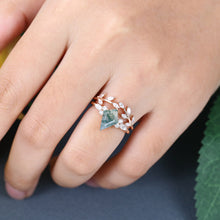 Rose Gold Kite Cut Moss Agate Leaf Shape Bridal Ring Set