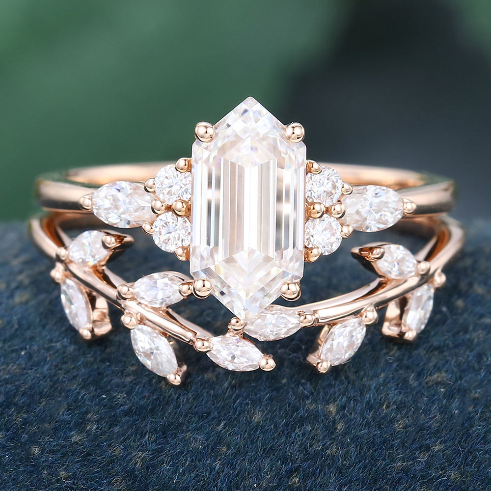 Rose Gold Long Hexagon Cut Moissanite Leaf Shape Bridal Ring Set