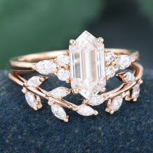 Rose Gold Long Hexagon Cut Moissanite Leaf Shape Bridal Ring Set