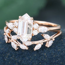 Rose Gold Long Hexagon Cut Moissanite Leaf Shape Bridal Ring Set