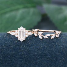 Rose Gold Long Hexagon Cut Moissanite Leaf Shape Bridal Ring Set